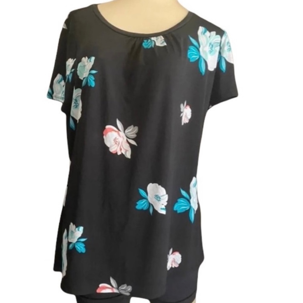 Worthington blouse Women’s size large black floral top short shelve casual - Picture 2 of 3